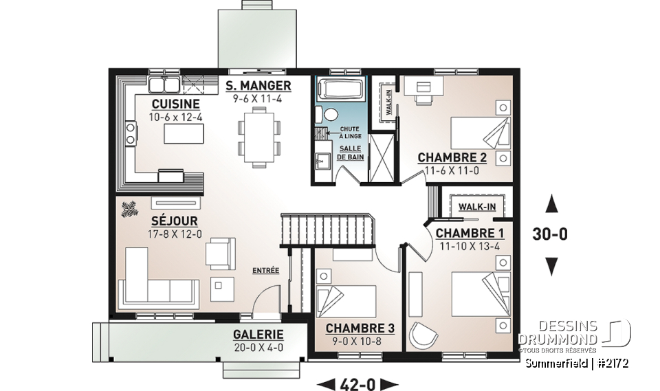 Rez-de-chaussée - Plan de maison de plain-pied ranch 3 chambres, cuisine conviviale et grand balcon avant abrité. - Summerfield