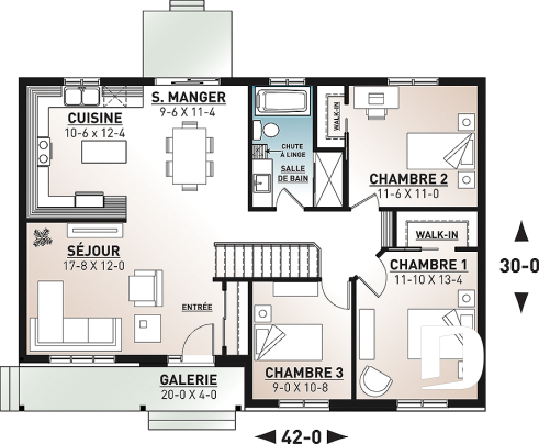 Rez-de-chaussée - Plan de maison de plain-pied ranch 3 chambres, cuisine conviviale et grand balcon avant abrité. - Summerfield