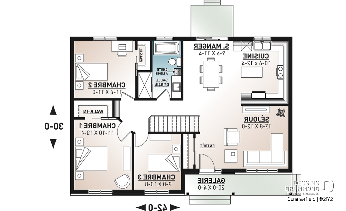 Rez-de-chaussée - Plan de maison de plain-pied ranch 3 chambres, cuisine conviviale et grand balcon avant abrité. - Summerfield