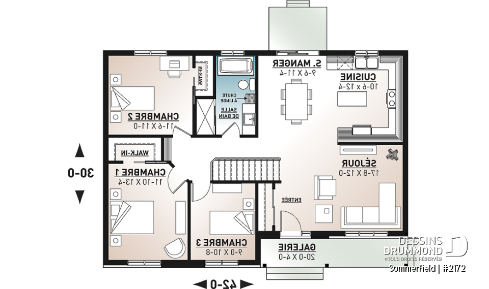 Rez-de-chaussée - Plan de maison de plain-pied ranch 3 chambres, cuisine conviviale et grand balcon avant abrité. - Summerfield