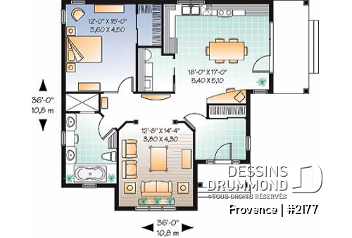 Rez-de-chaussée - Plan de maison avec chambre des maîtres au r-d-c, walk-in, buanderie, grande salle de bain, vestibule - Provence