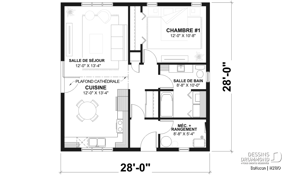 Rez-de-chaussée - Plan de petite maison plain-pied pas cher style farmhouse, lumineux, idéal pour premier achat ou petit budge - Batiscan