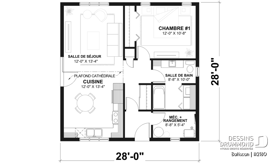 Rez-de-chaussée - Plan de petite maison plain-pied pas cher style farmhouse, lumineux, idéal pour premier achat ou petit budge - Batiscan
