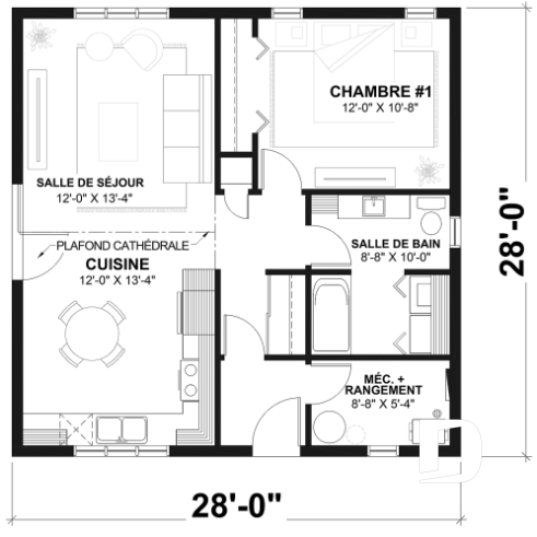 Rez-de-chaussée - Plan de petite maison plain-pied pas cher style farmhouse, lumineux, idéal pour premier achat ou petit budge - Batiscan