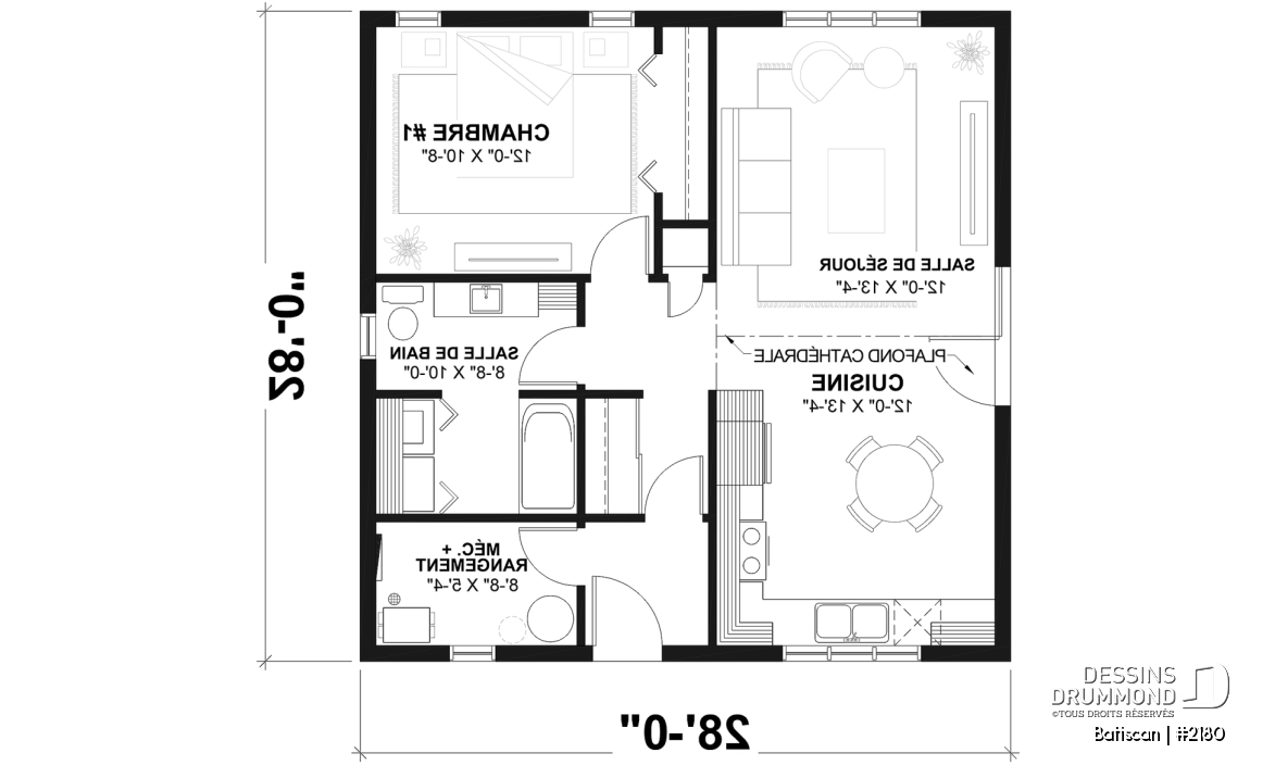 Rez-de-chaussée - Plan de petite maison plain-pied pas cher style farmhouse, lumineux, idéal pour premier achat ou petit budge - Batiscan