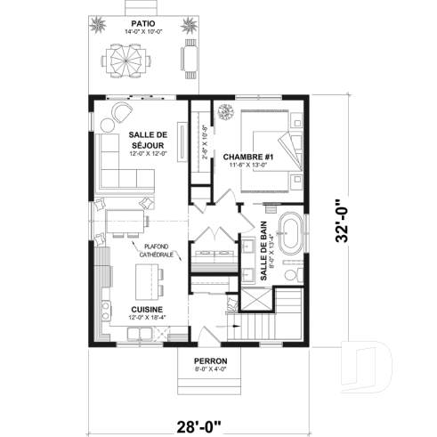 Rez-de-chaussée - Plan de petit plain-pied, 1 à 3 chambres, banquette à la cuisine, s-sol aménagé optionnel ($), prix abordable - Batiscan 2