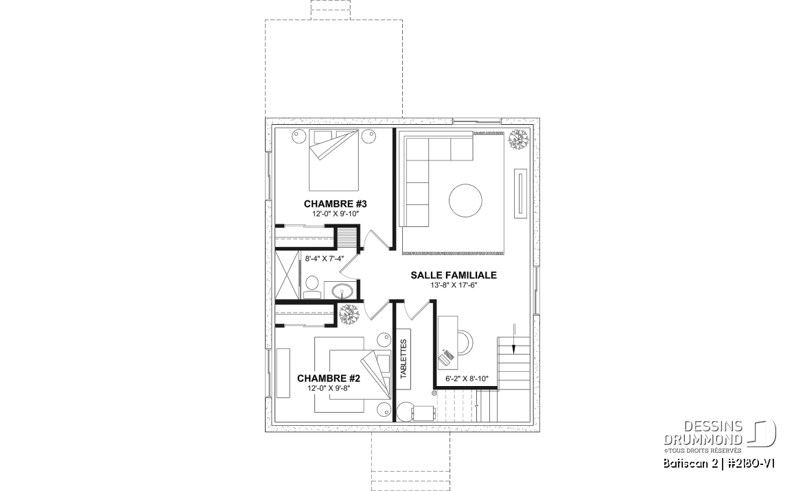 Sous-sol aménagé (Optionel $) - Plan de petit plain-pied, 1 à 3 chambres, banquette à la cuisine, s-sol aménagé optionnel ($), prix abordable - Batiscan 2