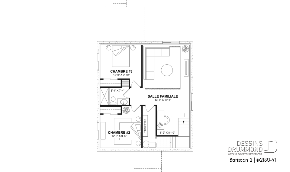 Sous-sol aménagé (Optionel $) - Plan de petit plain-pied, 1 à 3 chambres, banquette à la cuisine, s-sol aménagé optionnel ($), prix abordable - Batiscan 2