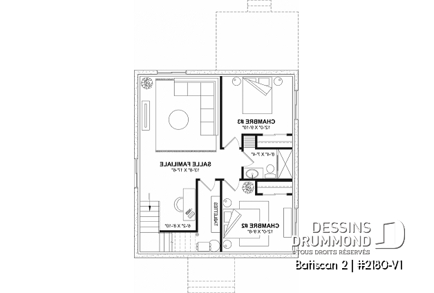 Sous-sol aménagé (Optionel $) du plan de maison unifamiliale 2180-V1 Sous-sol aménagé (Optionel $) - Plan de petit plain-pied, 1 à 3 chambres, banquette à la cuisine, s-sol aménagé optionnel ($), prix abordable - Batiscan 2