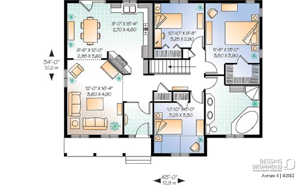 Rez-de-chaussée - Plan de Bungalow style Américain, très abordable, 3 chambres, aire ouverte, grande salle de bain, walk-in - Avram 4