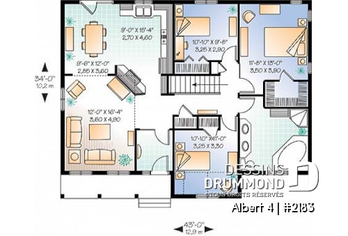 Rez-de-chaussée - Plan de Bungalow style Américain, très abordable, 3 chambres, aire ouverte, grande salle de bain, walk-in - Albert 4