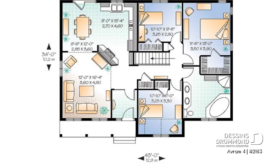 Rez-de-chaussée - Plan de Bungalow style Américain, très abordable, 3 chambres, aire ouverte, grande salle de bain, walk-in - Avram 4