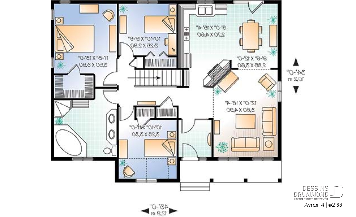 Rez-de-chaussée - Plan de Bungalow style Américain, très abordable, 3 chambres, aire ouverte, grande salle de bain, walk-in - Avram 4