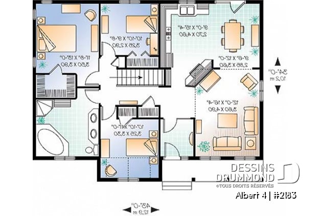 Rez-de-chaussée - Plan de Bungalow style Américain, très abordable, 3 chambres, aire ouverte, grande salle de bain, walk-in - Albert 4