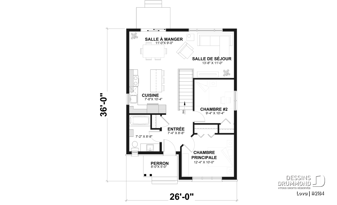 Rez-de-chaussée - Plan de petite maison économique, 2 à 4 chambres, sous-sol aménagé (optionnel $), plancher à aire ouverte - Lova