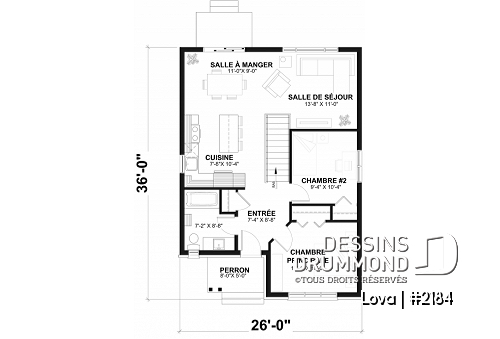 Rez-de-chaussée - Plan de maison économique, 2 chambres, sous-sol à aménager, cuisine avec îlot, plancher à aire ouverte - Lova