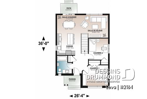 Rez-de-chaussée - Plan de maison économique, 2 chambres, sous-sol à aménager, cuisine avec îlot, plancher à aire ouverte - Lova