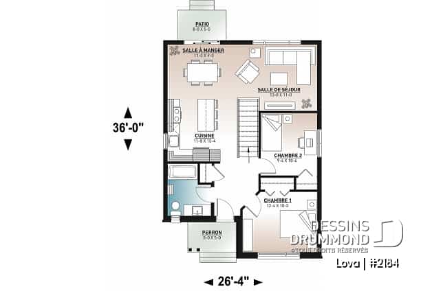 Rez-de-chaussée - Plan de maison très économique, 2 chambres, sous-sol, cuisine avec îlot, plancher à aire ouverte - Lova