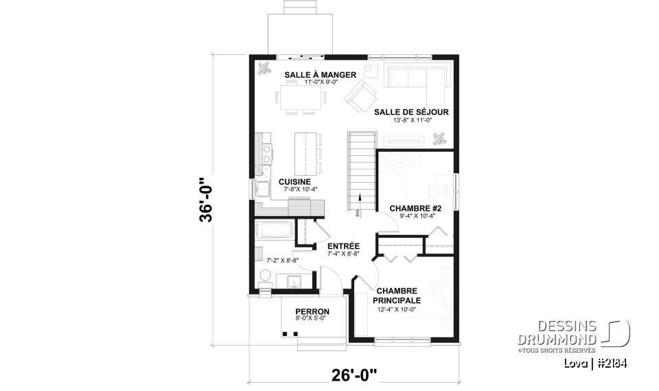Rez-de-chaussée - Plan de petite maison économique, 2 à 4 chambres, sous-sol aménagé (optionnel $), plancher à aire ouverte - Lova