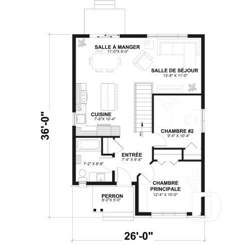 Rez-de-chaussée - Plan de petite maison économique, 2 à 4 chambres, sous-sol aménagé (optionnel $), plancher à aire ouverte - Lova
