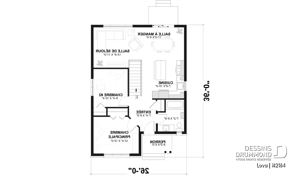 Rez-de-chaussée - Plan de petite maison économique, 2 à 4 chambres, sous-sol aménagé (optionnel $), plancher à aire ouverte - Lova
