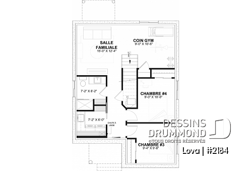 Sous-sol aménagé - Plan de maison économique, 2 chambres, sous-sol à aménager, cuisine avec îlot, plancher à aire ouverte - Lova