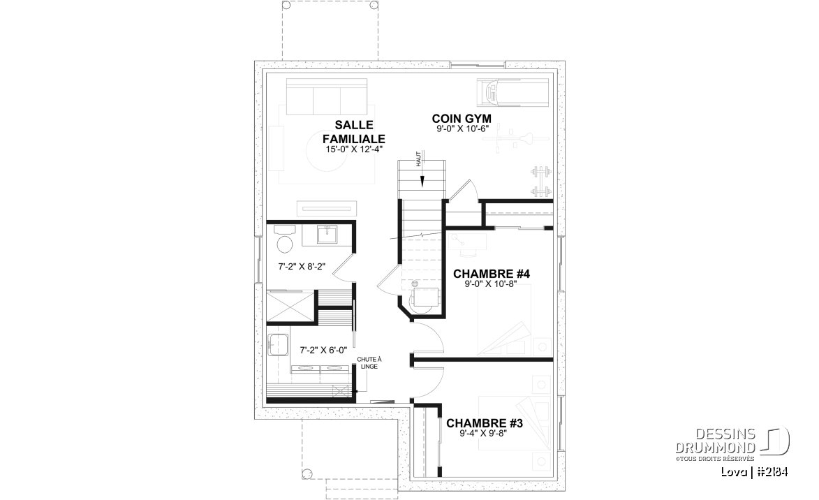 Sous-sol aménagé (Optionel $) - Plan de petite maison économique, 2 à 4 chambres, sous-sol aménagé (optionnel $), plancher à aire ouverte - Lova