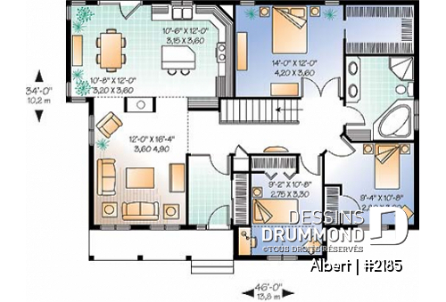 Rez-de-chaussée - Plan de maison plain-pied 3 chambres au même niveau, walk-in aux maîtres, foyers 2 faces, plafond 10' au salon - Albert