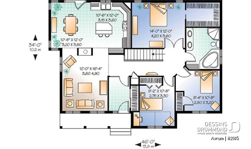 Rez-de-chaussée - Plan de maison plain-pied 3 chambres au même niveau, walk-in aux maîtres, foyers 2 faces, plafond 10' au salon - Avram