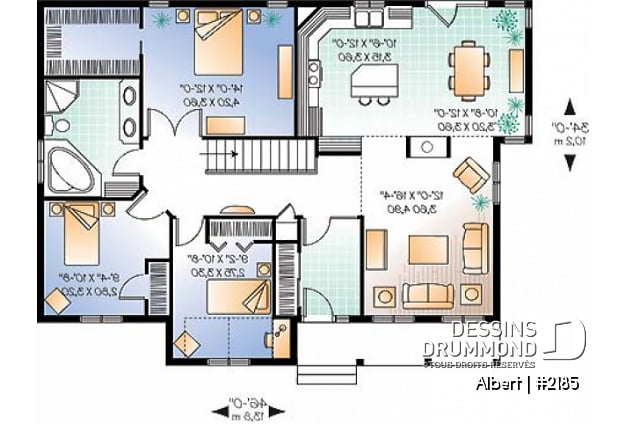 Rez-de-chaussée - Plan de maison plain-pied 3 chambres au même niveau, walk-in aux maîtres, foyers 2 faces, plafond 10' au salon - Albert