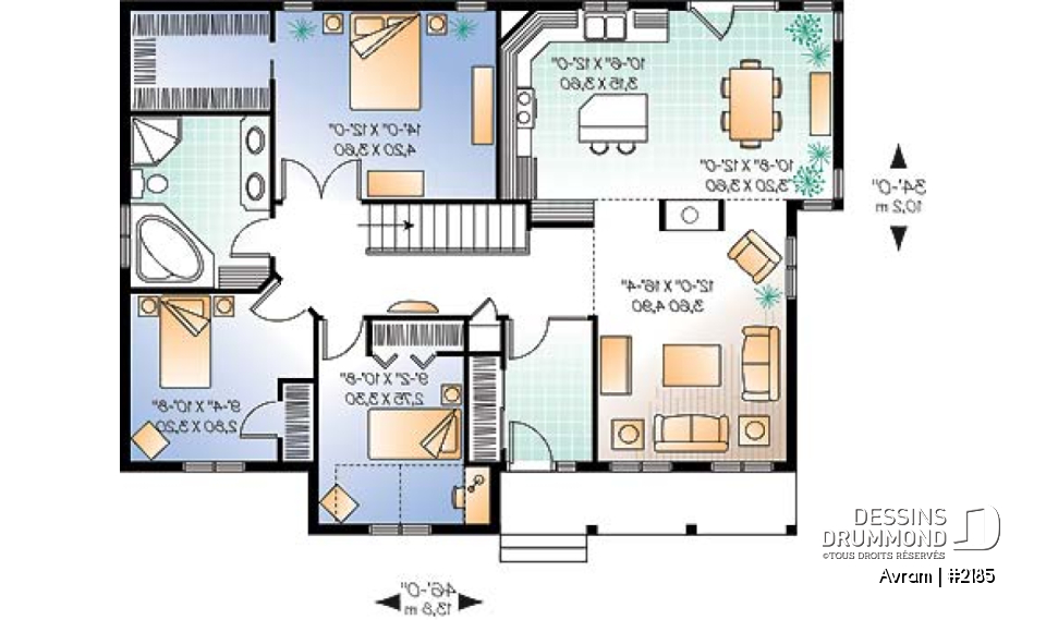 Rez-de-chaussée - Plan de maison plain-pied 3 chambres au même niveau, walk-in aux maîtres, foyers 2 faces, plafond 10' au salon - Avram