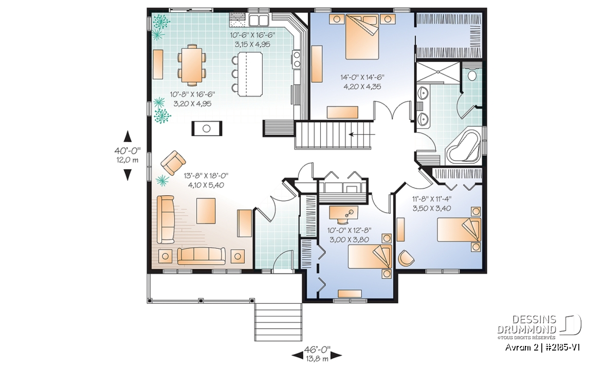 Rez-de-chaussée - Plan de grand plain-pied 3 chambres, chambre parents avec walk-in, buanderie, plafond 8' au r-d-c et 9' s-s - Avram 2