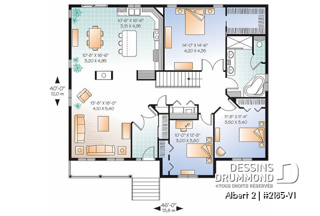 Rez-de-chaussée - Plan de grand plain-pied 3 chambres, chambre parents avec walk-in, buanderie, plafond 8' au r-d-c et 9' s-s - Albert 2