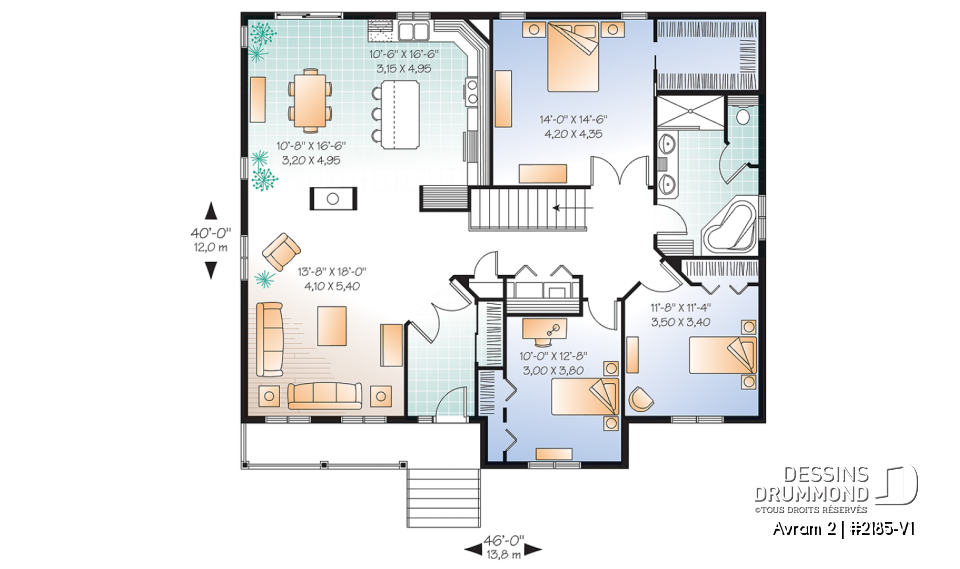 Rez-de-chaussée - Plan de grand plain-pied 3 chambres, chambre parents avec walk-in, buanderie, plafond 8' au r-d-c et 9' s-s - Avram 2