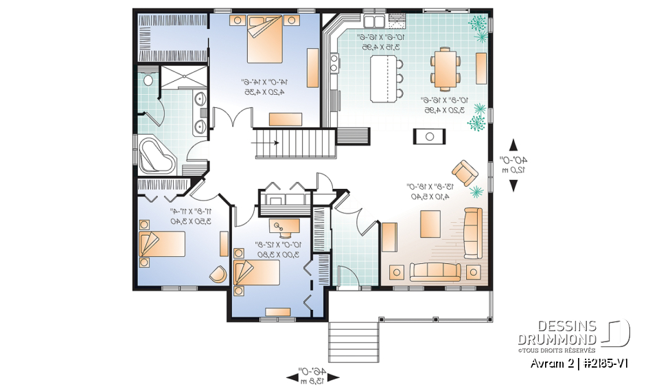 Rez-de-chaussée - Plan de grand plain-pied 3 chambres, chambre parents avec walk-in, buanderie, plafond 8' au r-d-c et 9' s-s - Avram 2
