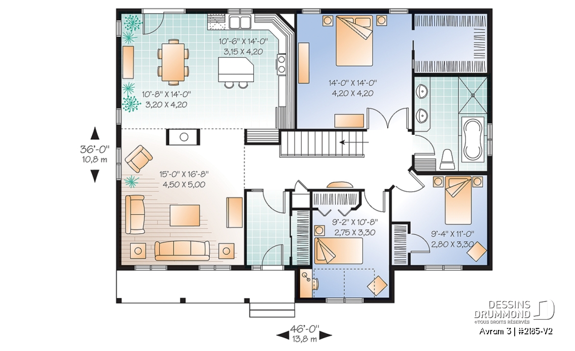 Rez-de-chaussée - Plan de maison d'un plain-pied 3 chambres, foyer central, plafond 10' au salon, sous-sol à aménager - Avram 3