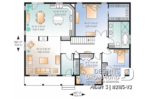 Rez-de-chaussée - Plan de maison d'un plain-pied 3 chambres, foyer central, plafond 10' au salon, sous-sol à aménager - Albert 3