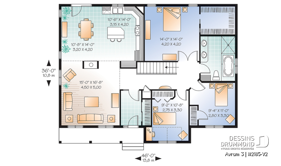 Rez-de-chaussée - Plan de maison d'un plain-pied 3 chambres, foyer central, plafond 10' au salon, sous-sol à aménager - Avram 3