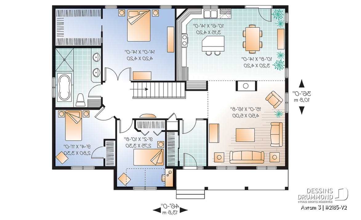 Rez-de-chaussée - Plan de maison d'un plain-pied 3 chambres, foyer central, plafond 10' au salon, sous-sol à aménager - Avram 3