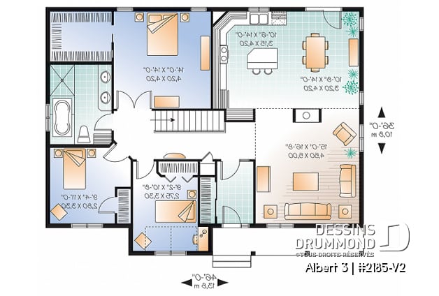 Rez-de-chaussée - Plan de maison d'un plain-pied 3 chambres, foyer central, plafond 10' au salon, sous-sol à aménager - Albert 3
