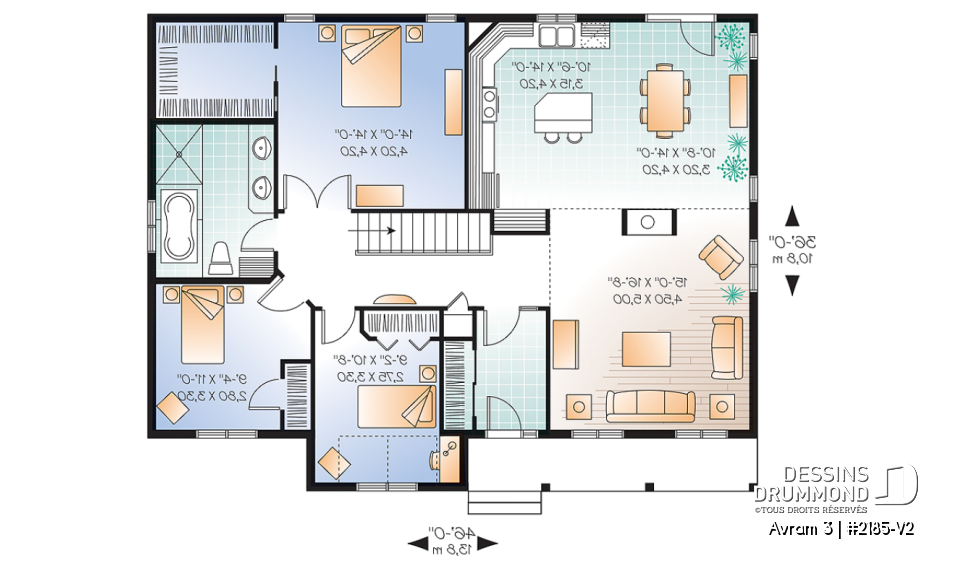Rez-de-chaussée - Plan de maison d'un plain-pied 3 chambres, foyer central, plafond 10' au salon, sous-sol à aménager - Avram 3