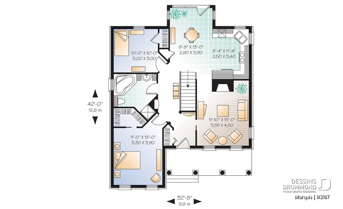 Rez-de-chaussée - Plan de maison de Style Européen, plain-pied économique, 2 chambres, fenestration abondante - Marquis