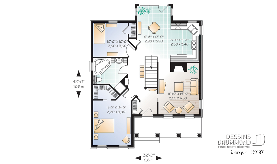 Rez-de-chaussée - Plan de maison de Style Européen, plain-pied économique, 2 chambres, fenestration abondante - Marquis