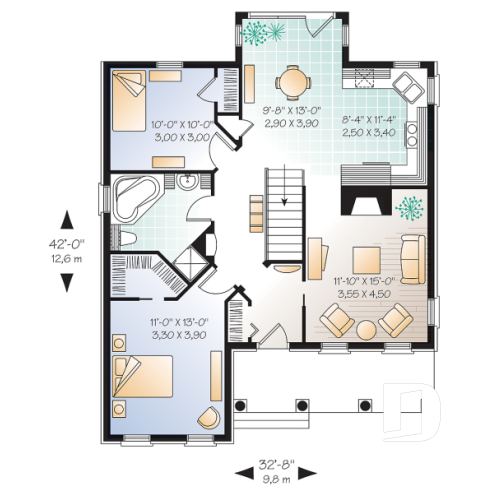 Rez-de-chaussée - Plan de maison de Style Européen, plain-pied économique, 2 chambres, fenestration abondante - Marquis