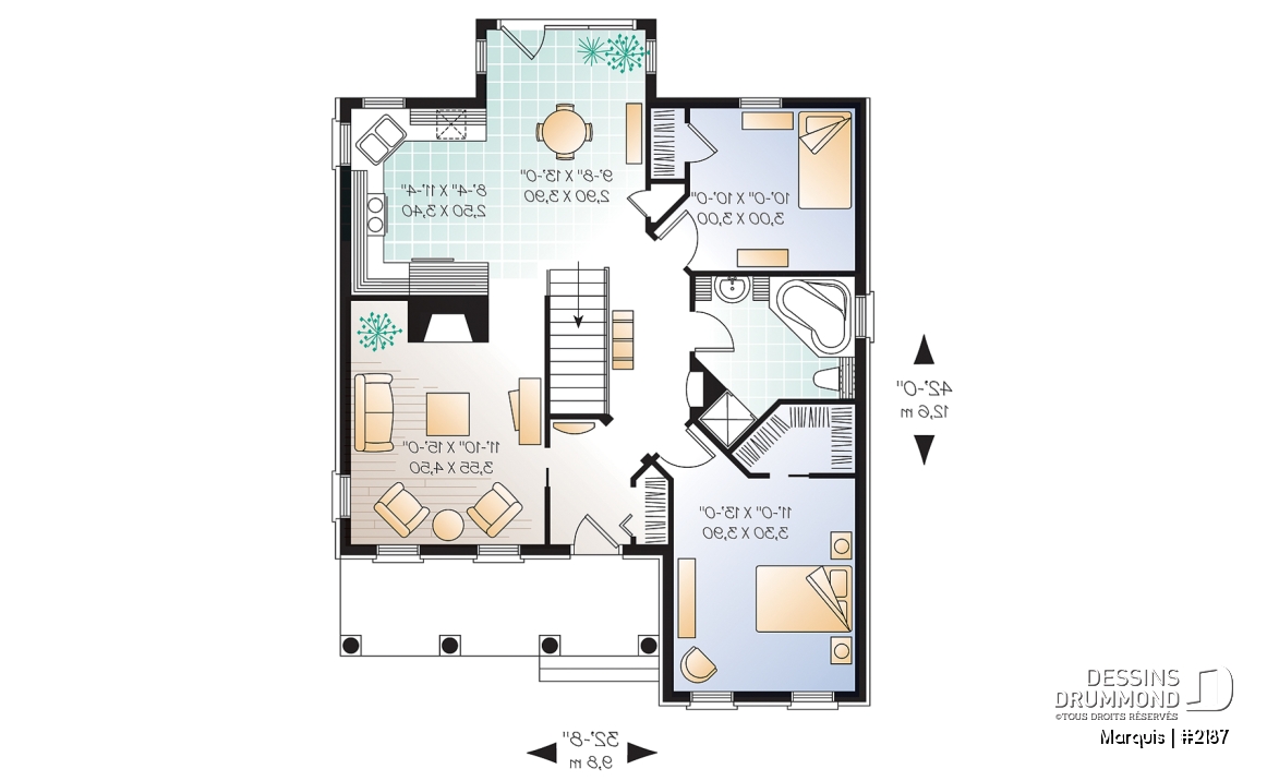 Rez-de-chaussée - Plan de maison de Style Européen, plain-pied économique, 2 chambres, fenestration abondante - Marquis