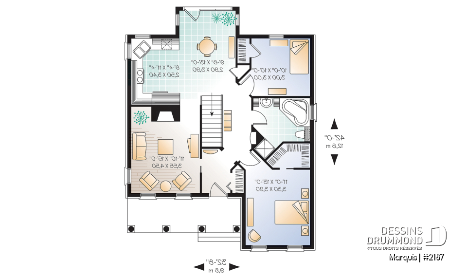 Rez-de-chaussée - Plan de maison de Style Européen, plain-pied économique, 2 chambres, fenestration abondante - Marquis