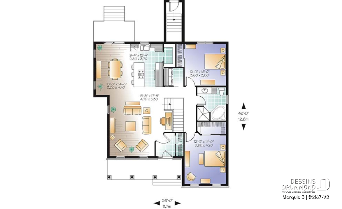 Rez-de-chaussée - Plan d'un Plain-pied champêtre 2 chambres, garde-manger et îlot à la cuisine, salle lavage au premier - Marquis 3