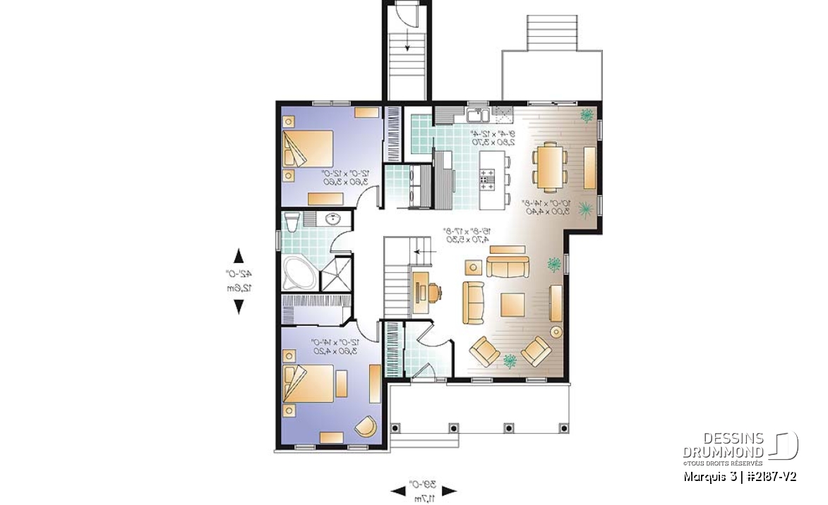 Rez-de-chaussée - Plan d'un Plain-pied champêtre 2 chambres, garde-manger et îlot à la cuisine, salle lavage au premier - Marquis 3