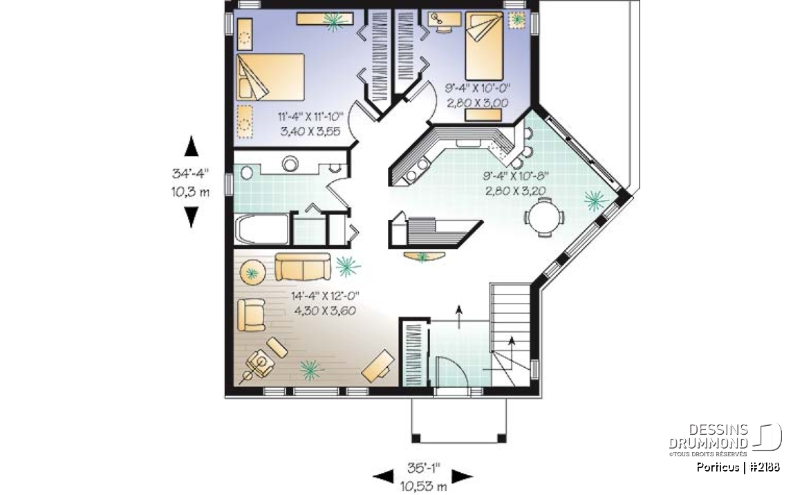 Rez-de-chaussée - Plan de maison plain-pied 2 chambres, salle à manger bien fenêtrée - Porticus