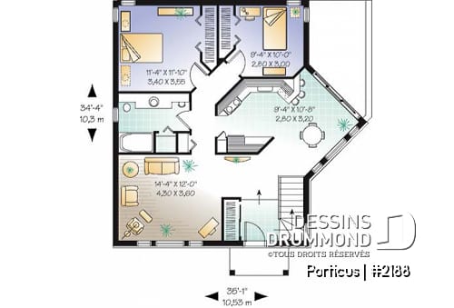 Rez-de-chaussée - Plan de maison plain-pied 2 chambres, salle à manger bien fenêtrée - Porticus
